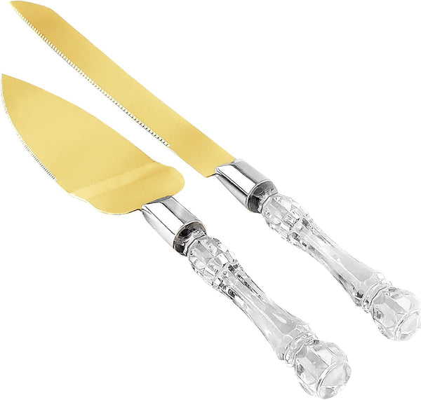 Cake Knife and Server Set, Gold Blade & Faux Crystal Handle Wedding Cake Cutting Set for Party & Anniversary