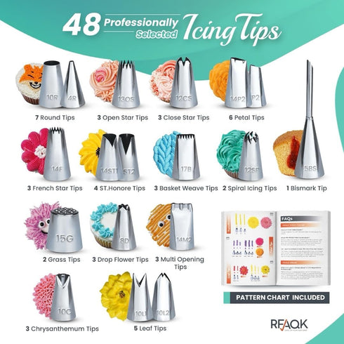 RFAQK 74 PCs Cake Decorating Kit, Icing Piping Bags and Tips Set with 48-Numbered Tips, 20+1 Pastry Bags, Booklet