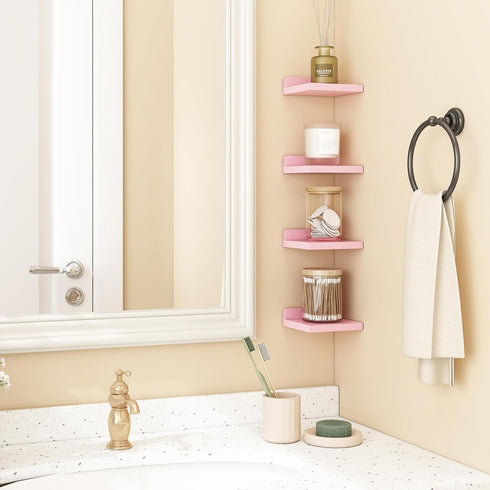 5x5 Inches Set 4, Fixwal Pink Shelves, Small Wall Shelf of Rustic Wood Floating Wall Mounted Shelves for Bedroom