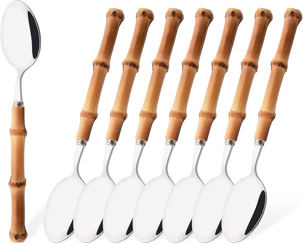 8-Piece Natural Bamboo Dinner Spoon Set, Stainless Steel Spoons with Bamboo Handle, Mirror Polished for Home Kitchen
