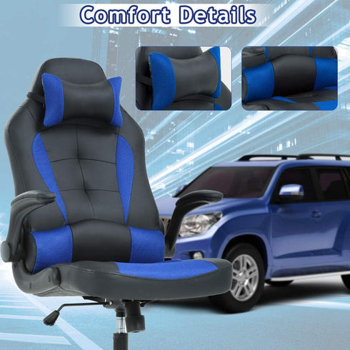 Blue Gaming Chair - Ergonomic High Back Office Desk Chair with Adjustable Lumbar Support, Flip-Up Arms & Headrest - PU
