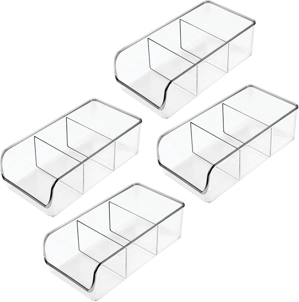 mDesign 4 Pack Plastic Food Storage Bin Organizer with 3 Compartments for Kitchen, Pantry, Shelf, Drawer, Fridge,