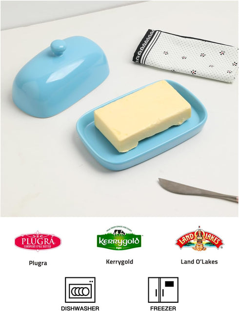 Sweejar Ceramic Butter Dish with Lid for Countertop, Porcelain Butter Keeper for East/West Coast Butter (Steel Blue)