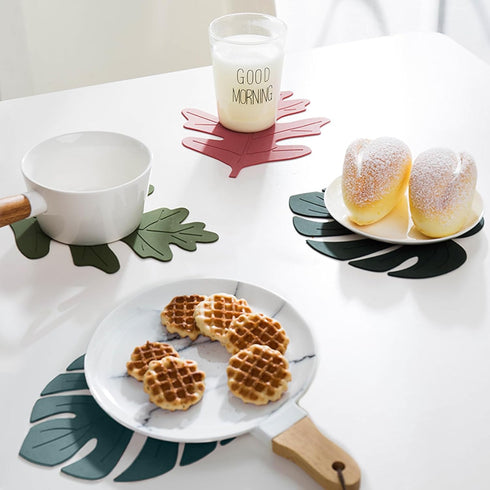 Silicone Trivet Mat Set of 2, Monstera Pot Holders for Hot Pots and Pans, Soft Rubber Multi-Use Trivets for Kitchen Countertops, Tables, Non Slip Coasters, Large, Green by Generic
