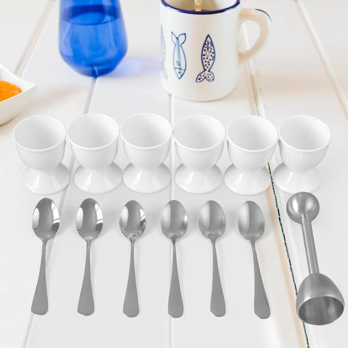 Set Set 6 6 1 Cinf White Ceramic Egg Cups & Cracker | of Ceramic Egg Cups + SS Spoons + Egg Topper Breakfast Boiled