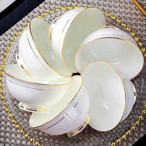 Ceramic Soup Bowls - Set of 5, 10 Ounce Gold Rim Small Bowls, Premium Bone China for Ice Cream, Rice, Dessert