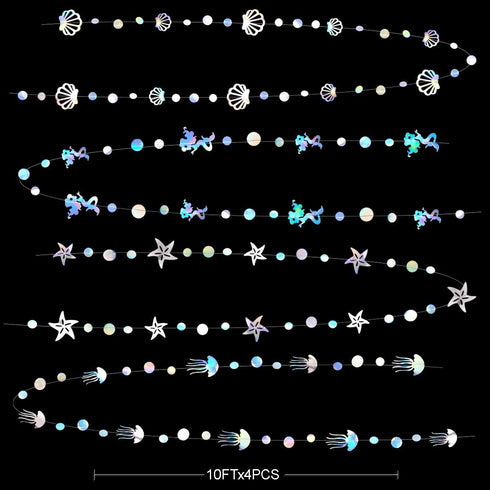 40 Ft Iridescent Mermaid Garland with Jellyfish, Seashell, Starfish, Pearl Holographic Paper Streamer for Under The Sea