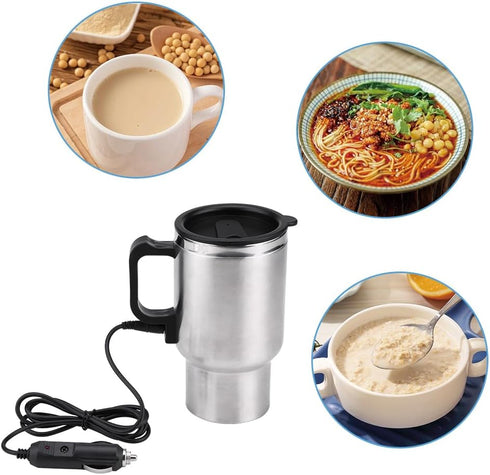 Portable Stainless Steel Electric Car Kettle, 450ml Travel Mug with Auto Charger, Airtight Lid, Heated Coffee Tea Cup
