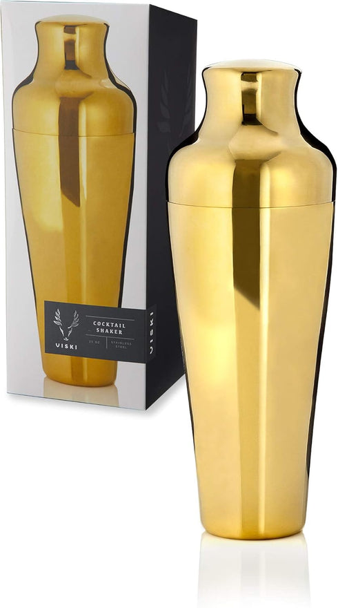 Viski Parisian Cocktail Shaker Set, 25 oz Gold Plated Stainless Steel Shaker with Strainer