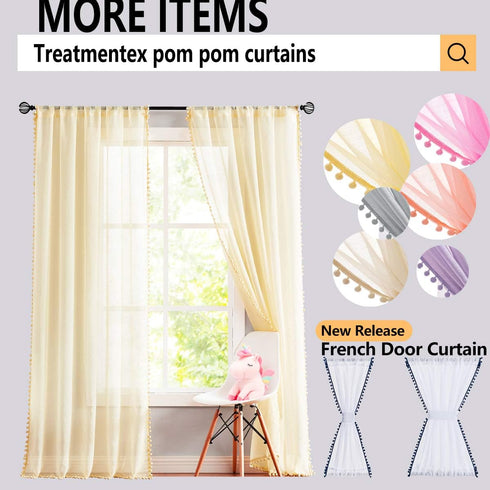 Treatmentex Pom Pom Linen Sheer Curtains for Living Room, 63 inches Length, 52" w x 2 Pack, Beige