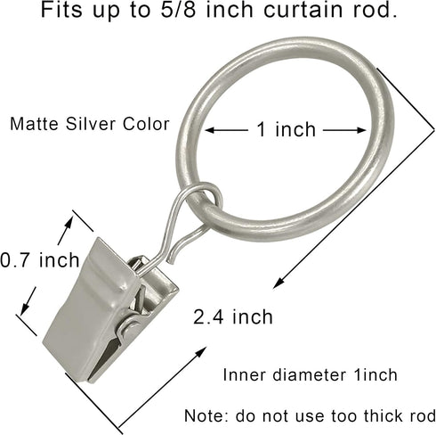 44 Pack Metal Curtain Rings with Clips, Drapery Clips for 6/8 in Curtain Rod, Matte Silver