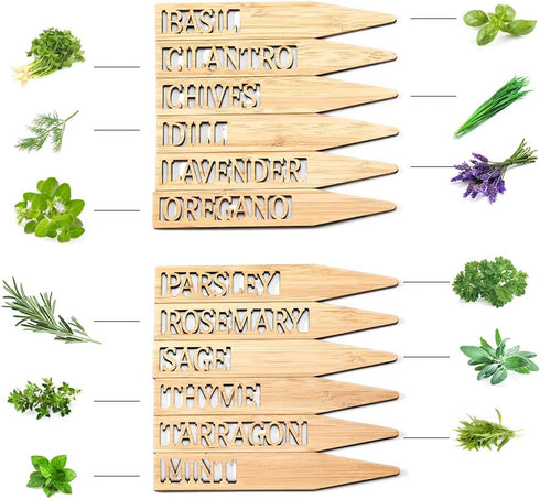 Set 12 Bamboo Herb Markers - of Beautiful Garden Labels - Sturdy Outdoor Garden or Potted Herb Markers