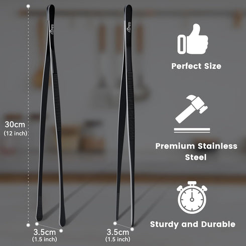 Hotec Kitchen Tweezers Stainless Steel Fine Kitchen Tongs for Cooking, 12-Inch Extra-Long Cooking Tweezers Food Tongs Set of 2, Black by HOTEC