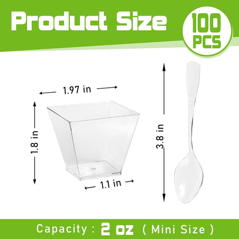 200 Pack 2 oz Mini Plastic Dessert Cups with Spoons, Disposable Clear Pudding Parfait Jello Shooter Cups Party Serving