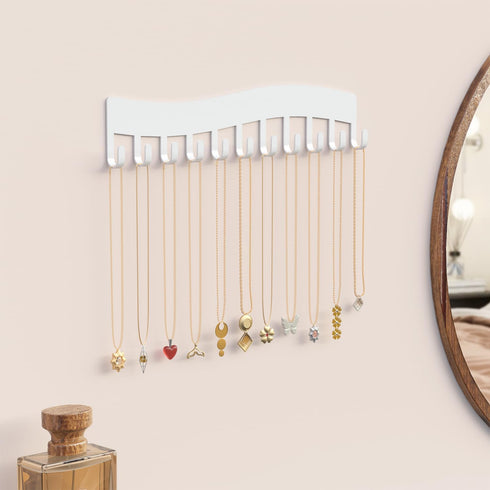 Wall Mounted Necklace Organizer Holder: Jewelry Hanging Storage Display Hanger - White