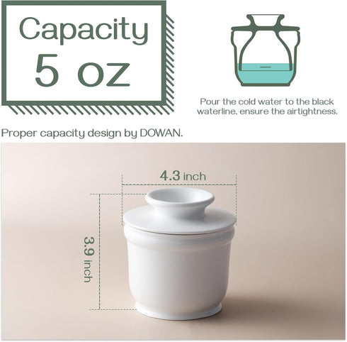 DOWAN Porcelain Butter Crock, French Butter Dish for Fresh Spreadable Butter, Butter Keeper with Water Line, No More