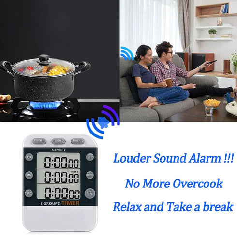 Digital Dual Kitchen Timer for Cooking, 3 Channels Count Down/up Multi Timers, Large-Display Adjustable Alarm Volume