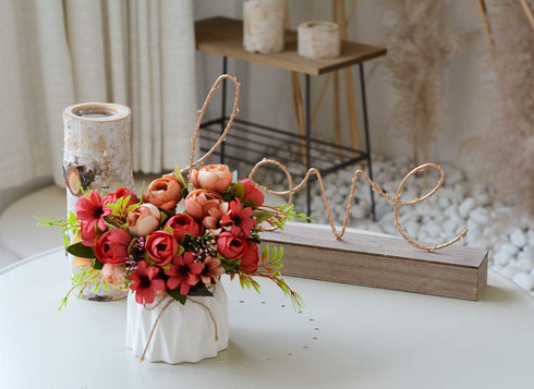 Silk Rose Bouquets Artificial Flowers Fake Flowers with Ceramics Vase for Home Office Wedding Table Decoration (Red Bud)
