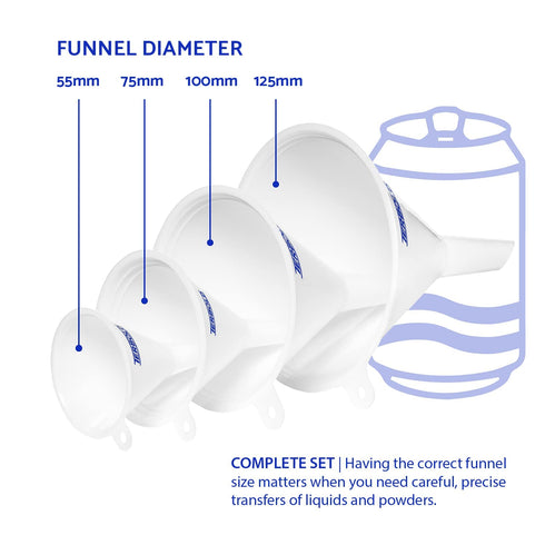4pc Funnel Nesting Set in BPA Free Plastic for Kitchen Cooking, Home, Car Oil Use (White)