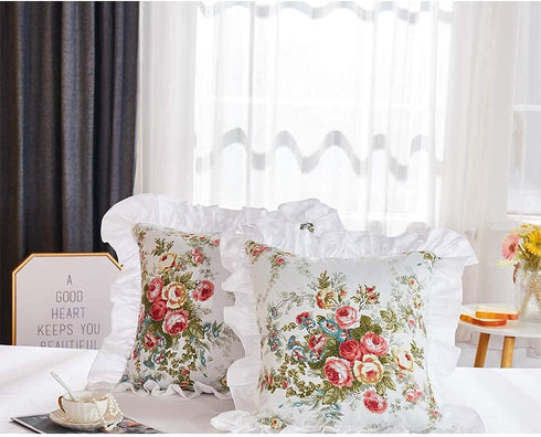 FADFAY Rose Floral Throw Pillow Covers, 18x18 Set of 2 Cotton Cushion Covers, White Ruffle Decorative Pillowcases