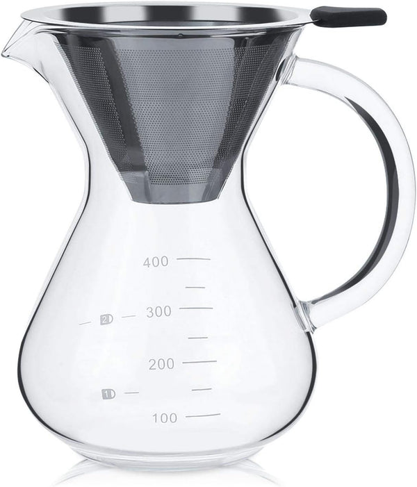Pour Over Coffee Maker, Reusable 400ml Borosilicate Glass Hand Drip Manual Dripper Brewer Pot with Scale, Portable for