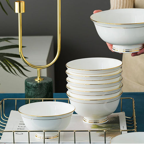 Ceramic Soup Bowls - Set of 5, 10 Ounce Gold Rim Small Bowls, Premium Bone China for Ice Cream, Rice, Dessert