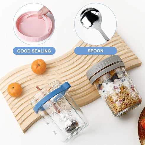 4 Pack 16oz SUROQUE Overnight Oats Containers with Lids and Spoons - Glass Mason Jars, Leakproof Meal Prep Storage