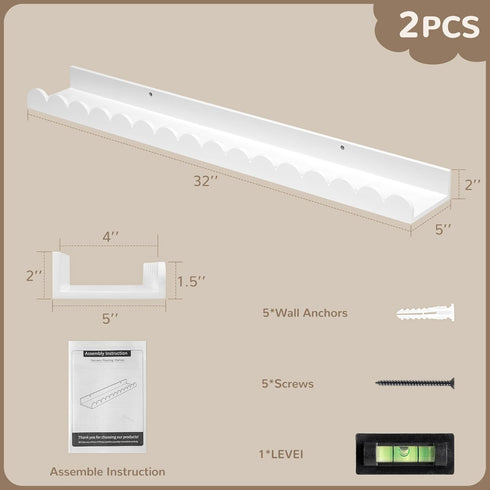 32 Inch Set 2, Fun Memories White Floating Shelf, Scalloped Picture Ledge for Nursery, of Wall Mounted Book Shelves