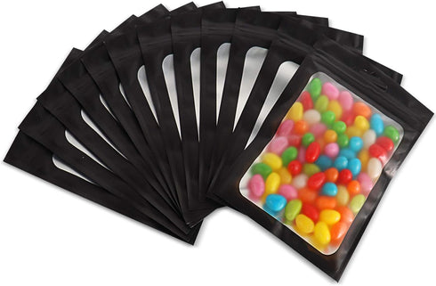 100Pcs Black Smell Proof Bags, Resealable Mylar Bags with Clear Window for Food Storage, Candy, Jewelry (3.5 x 6.2 Inch)