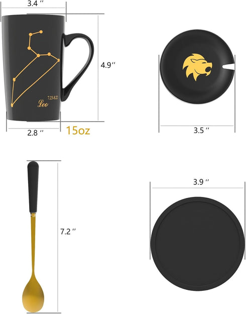 Leo Gifts for Women 15oz Ceramic Coffee Mug with Lid, Spoon, Coaster, Astrology Tea Cup (Black-Gold)