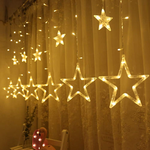 Twinkle Star 12 Stars LED Curtain String Lights - 138 Warm White, 8 Flashing Modes for Christmas, Wedding, Party