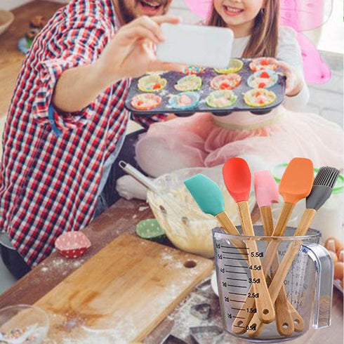KSENDALO Small Spatulas for Kitchen Use - Silicone Mini Spatula with Bamboo Handle, Colorful