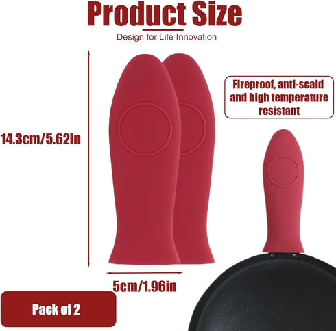 2 Pack Silicone Pan Handle Sleeve, Heat Resistant Cast Iron Skillet Handle Covers for Pots and Pans, Assist Handle Holder Grip for Kitchen Frying Griddles Cookware (Red) by Huakaile