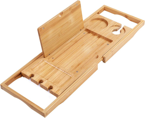 Utoplike Bamboo Bathtub Caddy Tray, Adjustable Bathroom Organizer with Book Tablet Wine Glass Cup Holder (24.5"-37.4")