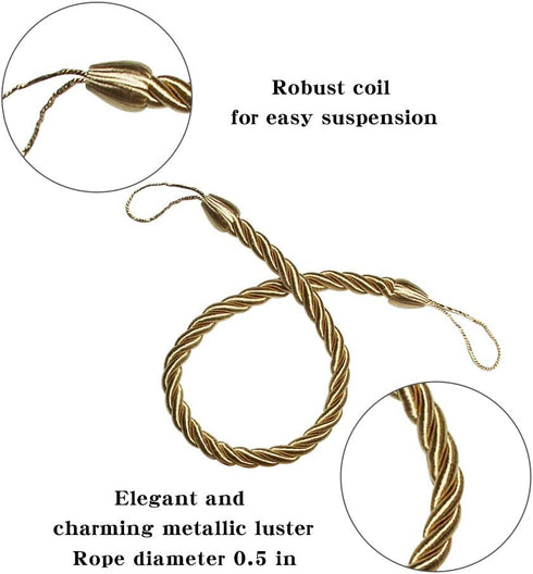 BEL AVENIR Curtain Tiebacks, Handmade Holdbacks with 2 Metal Screw Hooks - Golden (2 Pack)