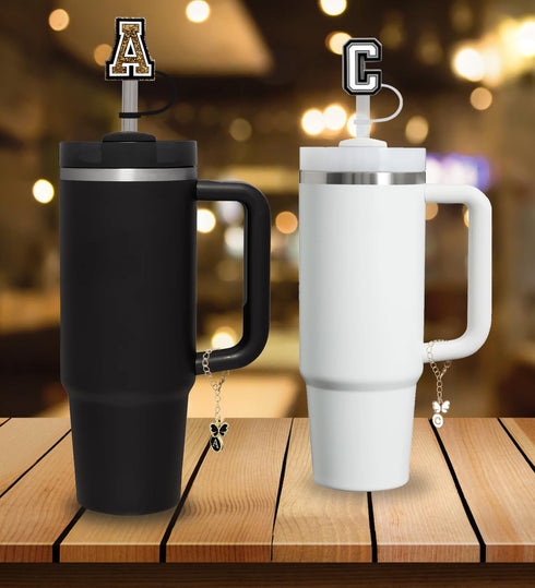 (3 +3) Nuozme Straw Cover Compatible with Stanley Tumbler Cup, 3PCS Letter Straw Caps with Initial Butterfly Charms