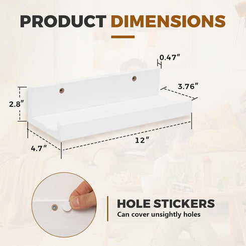 12" Set 2 Muzilife Small Floating Wall Ledge Shelves with Lip - of Wood Floating Shelves - White Wall Mounted Picture