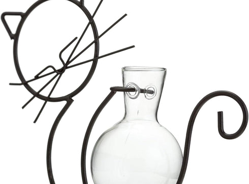 TJ Global Cat Glass Planter Vase Holder, Plant Terrarium, Propagation Station, Metal Stand for Hydroponics Plants Home
