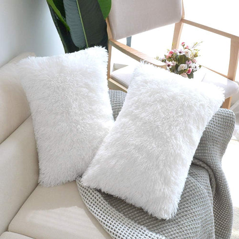 NordECO HOME Luxury Soft Faux Fur Fleece Cushion Cover - 12" x 20" Inch, White, 2 Pack (No Pillow Insert)