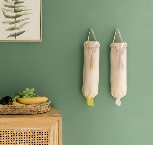 2 Pack Closet 6.3W 15.7L Mkono Macrame Plastic Bag Holder Grocery Organizer Shopping Trash Bag Dispenser Camper Boho