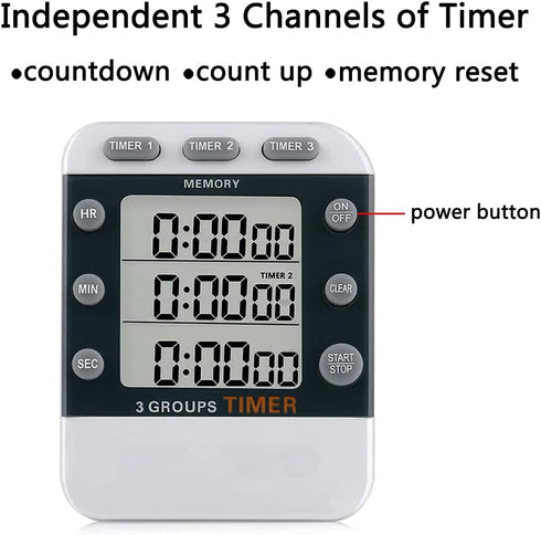 Digital Dual Kitchen Timer for Cooking, 3 Channels Count Down/up Multi Timers, Large-Display Adjustable Alarm Volume
