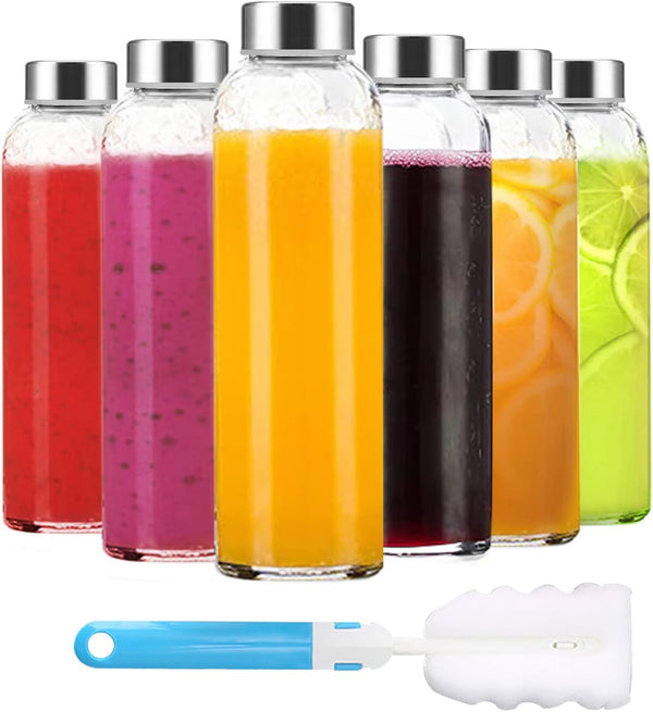 Clear Glass Bottles with Lids 18 oz, Reusable Water Bottles with Stainless Steel Cap, Set of 6