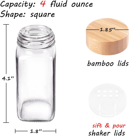 Churboro Replacement Glass Spice Jars with Bamboo Lids- 4 oz Square Spice Jars
