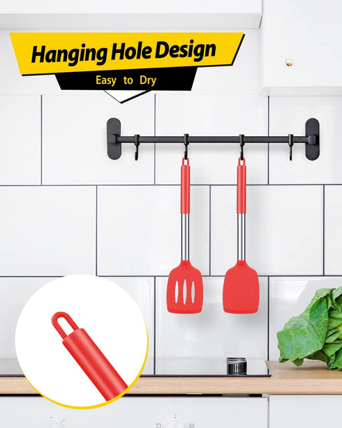 Pack of 2 Silicone Solid Turner, Non Stick Slotted Kitchen Spatulas, High Heat Resistant BPA Free (Red)
