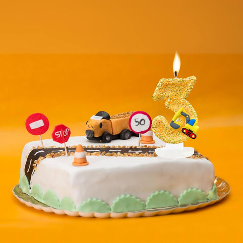 2 Construction Birthday Candles for Cake Decoration Yellow Glitter Number Candle Construction Cake Topper Construction