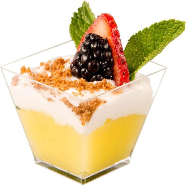 DLux 100 x 2oz Clear Plastic Mini Dessert Cups, Small Reusable Serving Bowl for Tasting Party Desserts with Recipe Ebook