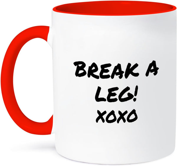 3dRose Two Tone Red Mug, "Break A Leg Xoxo Theater, Actor, Show Business Good Luck Message Note", 11 oz