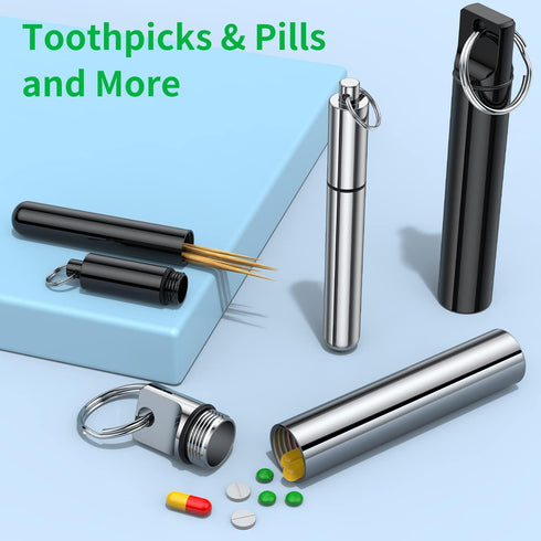 4 Pieces Metal Toothpick Holder, Aluminum Waterproof Case with Keychain, Portable Pocket Toothpick Container, Silver