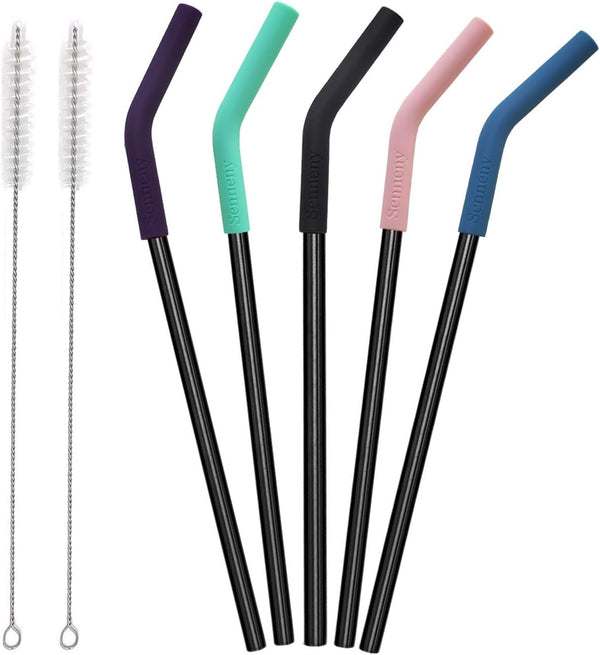 Senneny Set of 5 Stainless Steel Straws with 2 Cleaning Brushes, 1 Portable Bag, Silicone Flex Tips Elbows Cover