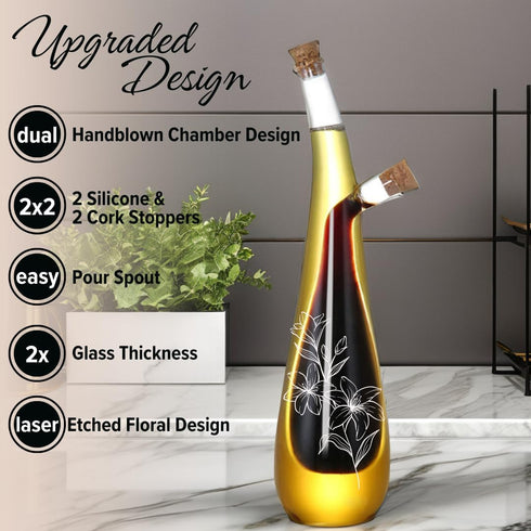 Set 12 oz Oil and Vinegar Dispenser Bottle - Handblown Glass with Elegant Floral Etched Design - Premium Glass Salad
